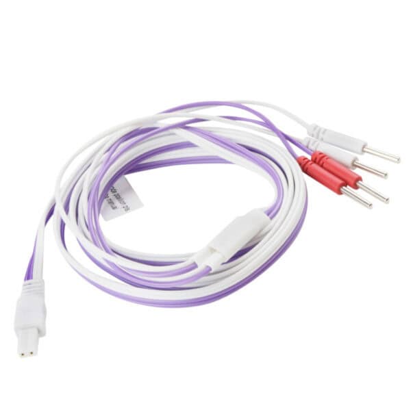 Purple and white electrode cables for medical devices.