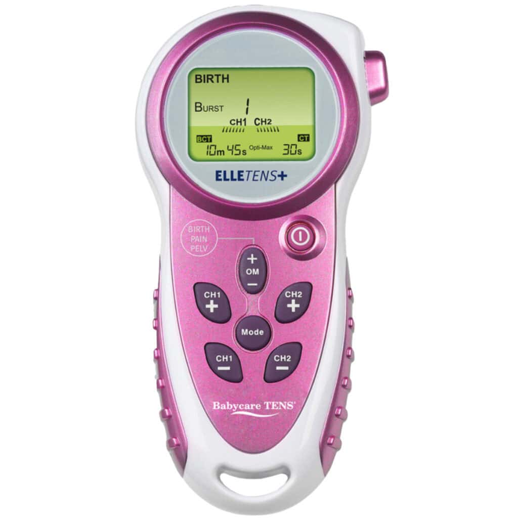 Pink babycare TENS machine with display and buttons.