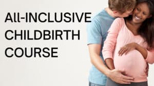 Pregnant couple promoting childbirth course