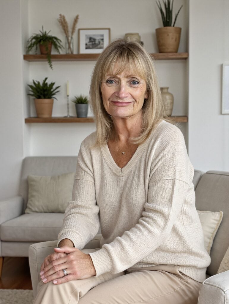 Smiling woman sitting in cozy living room.